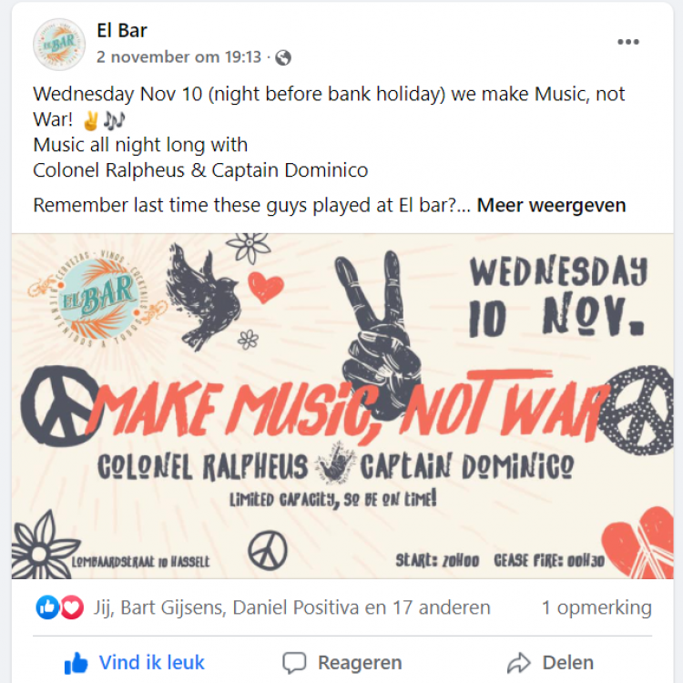 Facebook campagne Make music, not war - El Bar